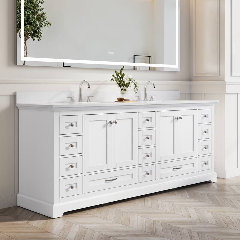 84''W Solid Wood Frame Bathroom Vanity With Pure White Culutered Marble Countertop And Double Sink