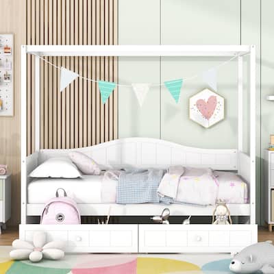 Twin Size Canopy Bed Storage Daybed Wooden Poster Bed with 2 Drawers