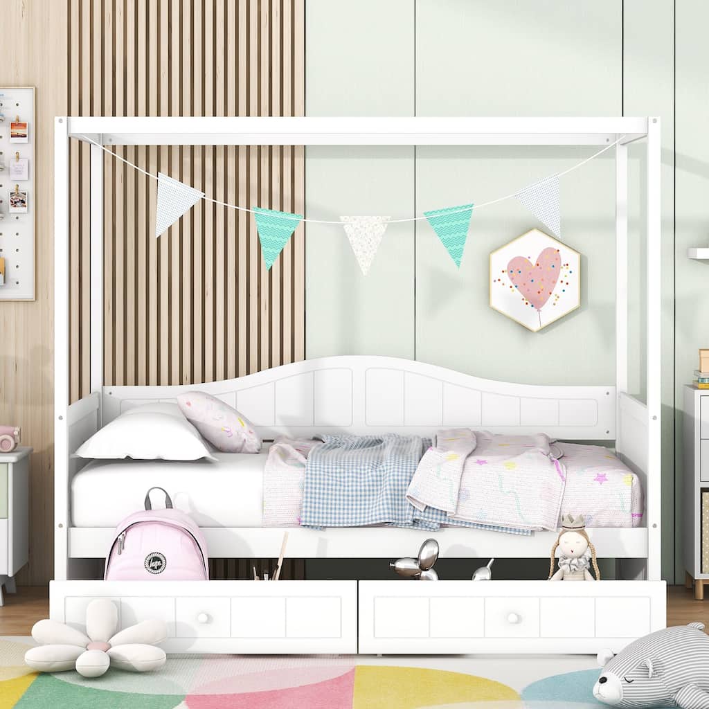 Twin Size Canopy Bed Storage Daybed Wooden Poster Bed with 2 Drawers