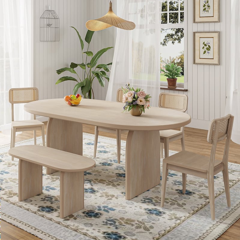 6 Piece Dining Table Set with Rattan Chairs and Bench for Family Gatherings and Stylish Meals