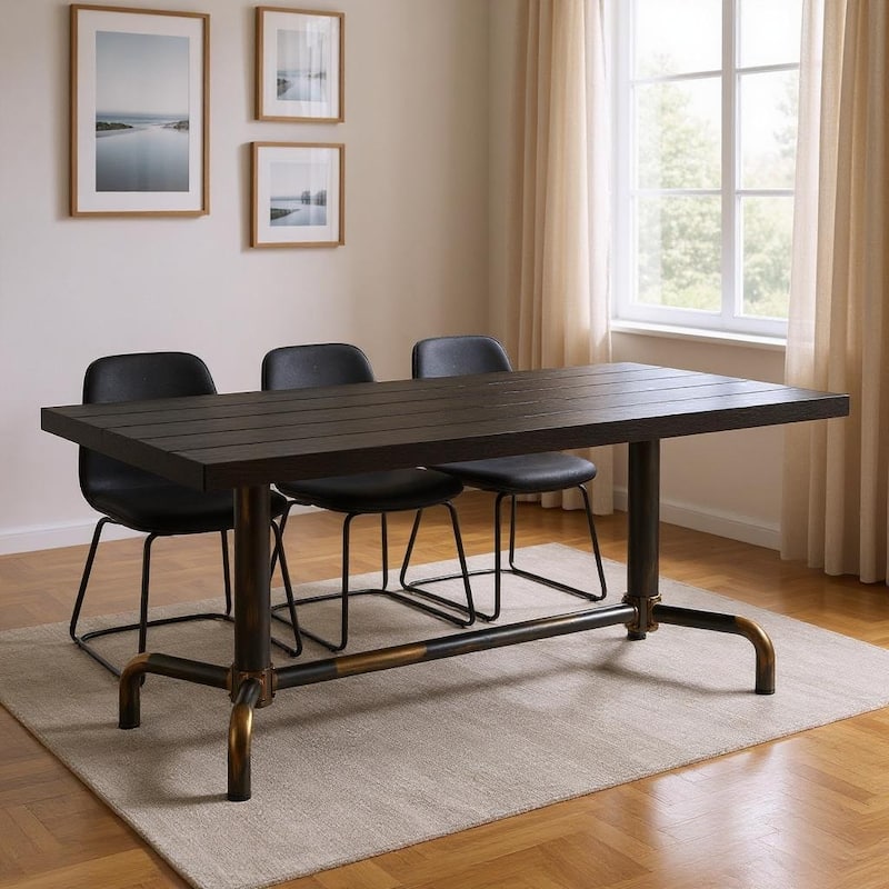 HomeRoots 71" Black and Gold Wood and Steel Trestle Base Dining Table - 71.00 in. x 29.50 in. x 36.00 in. - Black - 71.00 in. x 29.50 in.  x 36.00 in.