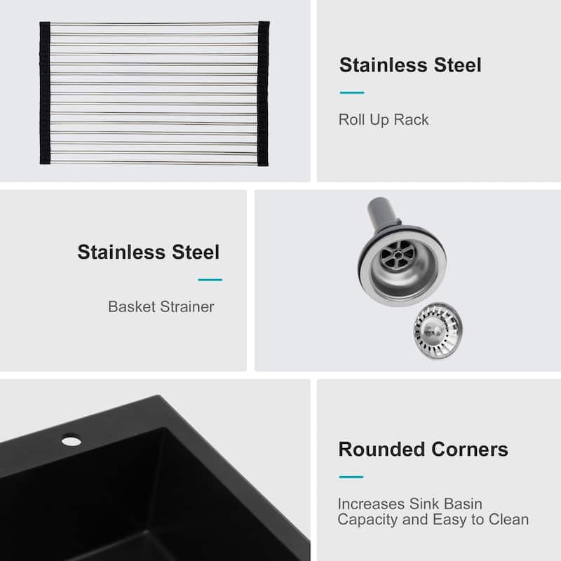 Drop-in Single Bowl Black Bowl Quartz Kitchen Sink Basin
