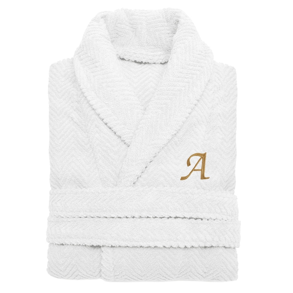Authentic Hotel and Spa White with Gold Monogrammed Herringbone Weave Unisex Bath Robe