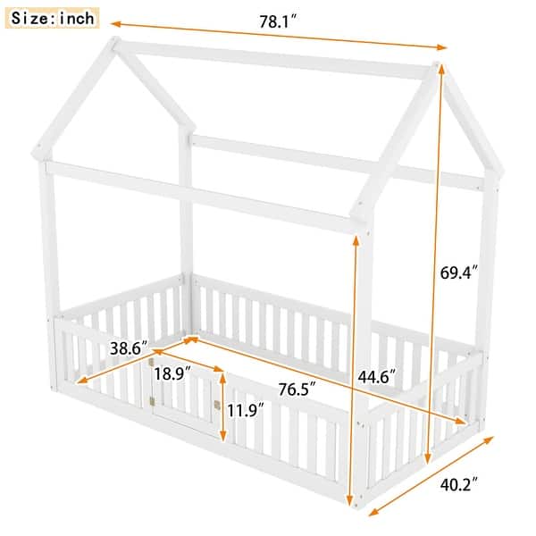Twin Size Wood House Bed with Fence and Door,Roof
