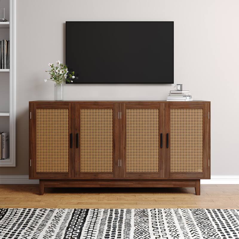 Rattan Accent Cabinet Storage Sideboard Buffet with 4 Doors - Espresso
