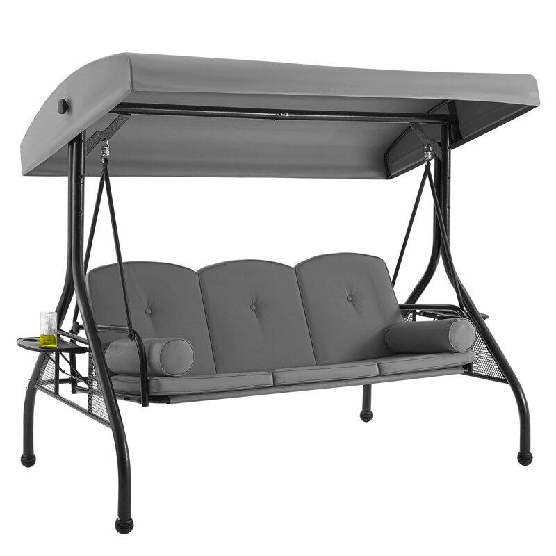 Outdoor 3-Seat Porch Swing with Adjustable Canopy & Cup Holder,Porch Swing Glider Chair, Heavy-Duty Steel Frame