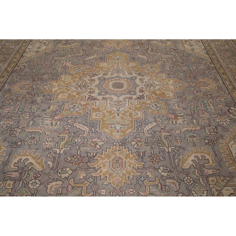 Gray Tabriz Persian Vintage Rug Hand-Knotted Medallion Wool Carpet - 9'8"x 12'9"