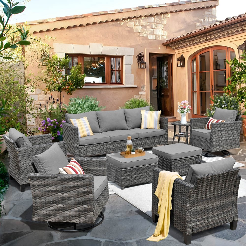 OVIOS 8-piece Patio Conversation Wicker Furniture Set Swivel Chair Set