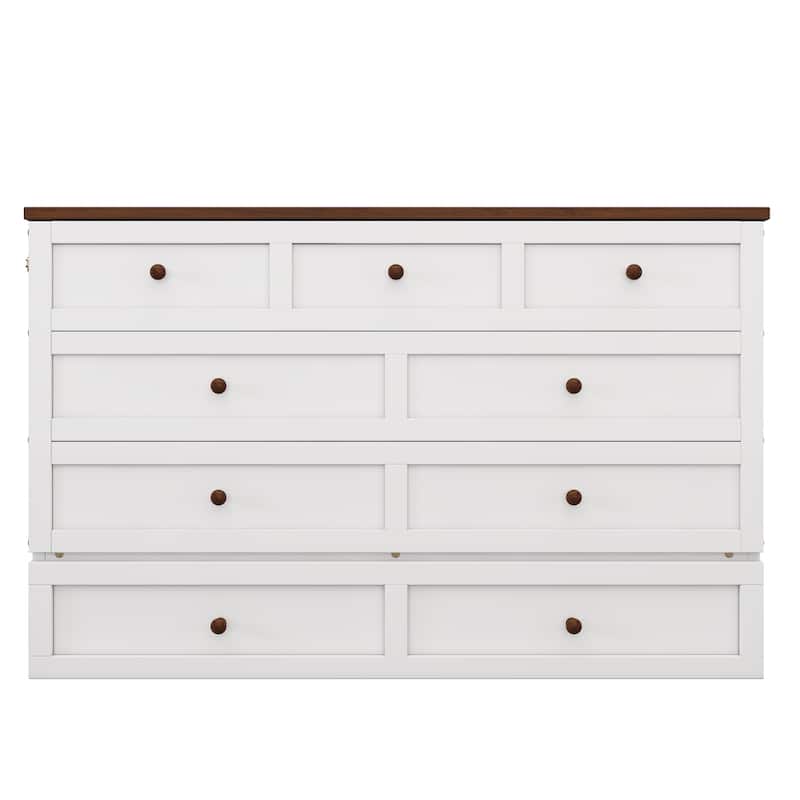 Solid Pine Murphy Bed Cabinet Bed Space-Saving Foldable Bed with Walnut Desktop and a Big Storage Large Drawer, Charging Station