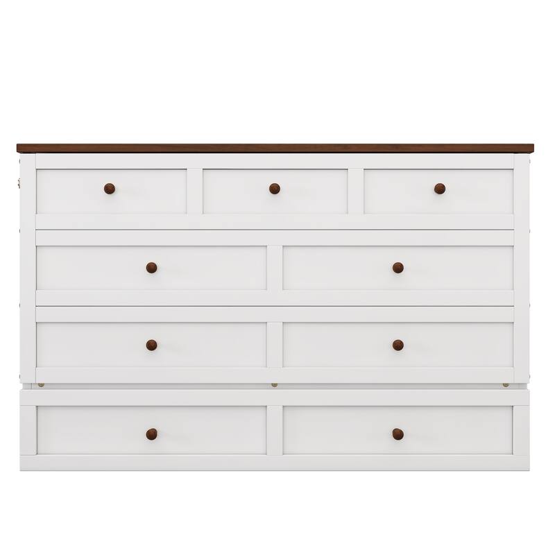 White+Walnut Full Size Solid Pine Murphy Bed with Charging Station & Storage Drawer