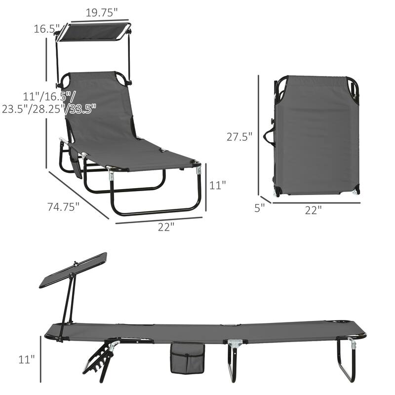 Outsunny Folding Chaise Lounge Pool Chairs with Canopy Shade, Reclining Back, Steel Frame and Side Pocket, 2 Piece