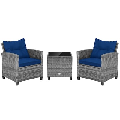 3PCS Patio Rattan Furniture Bistro Set Cushioned Sofas Side Table