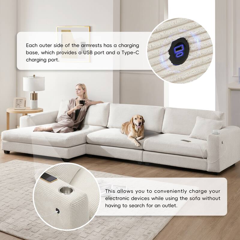Corduroy Recliner Sofa with USB Charging and Cup Holders for Living or Guest Rooms