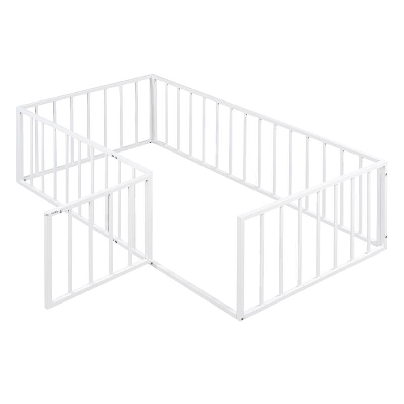 White Twin Size Metal Floor Bed Frame with Fence & Door