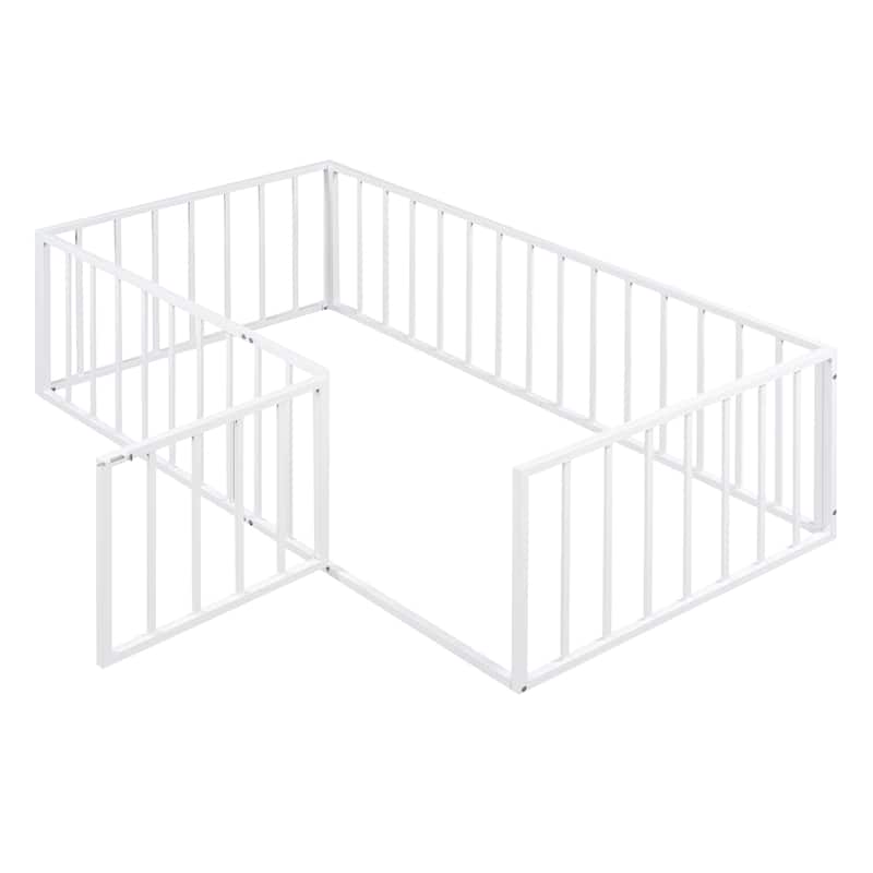 White Twin Size Metal Floor Bed Frame with Fence and Door for Kids