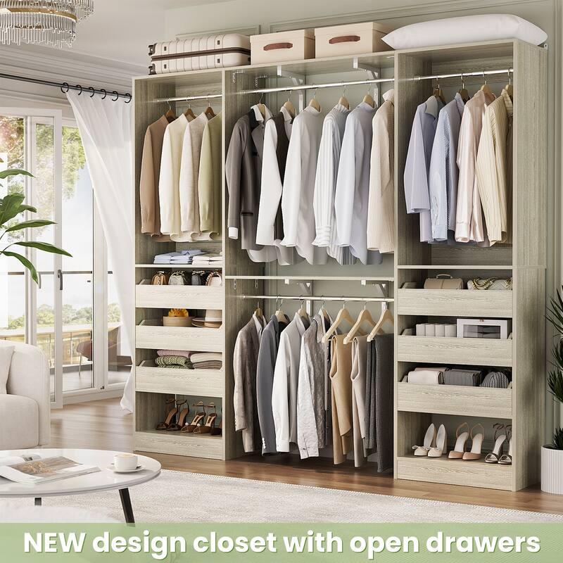 20"-60" Closet System with 3 Wooden Drawers and Sturdy Shelves and Retractable Rods