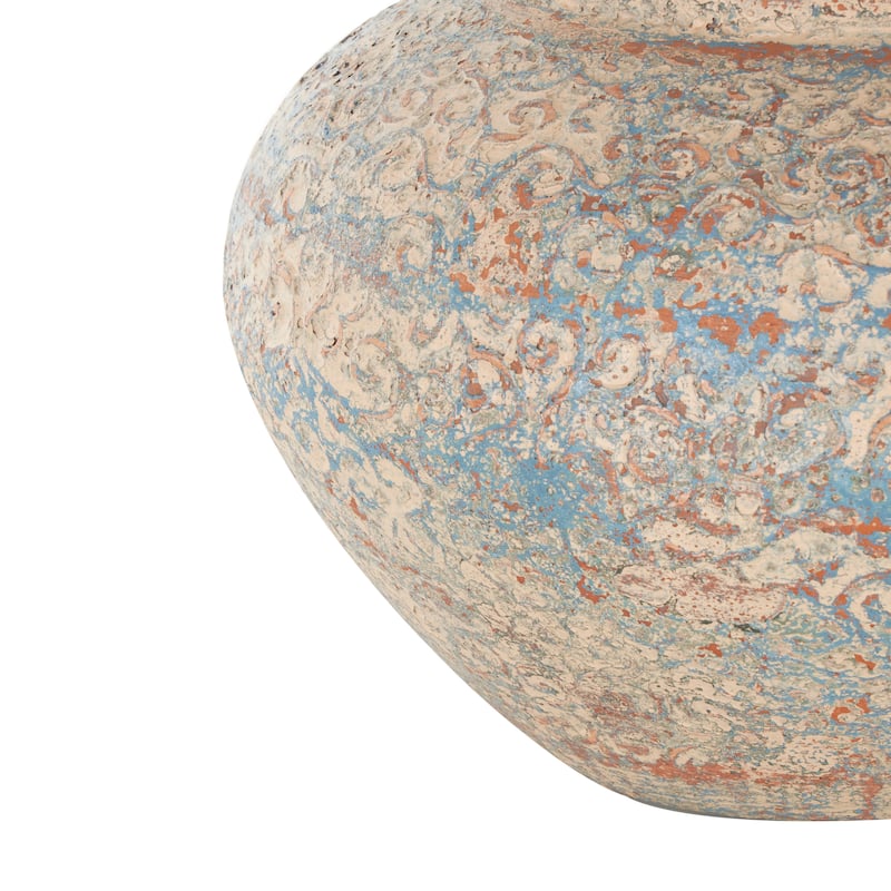 Beige Ceramic Handmade Antique Style Wide Rounded Scroll Decorative Vase with Blue and Copper Accents