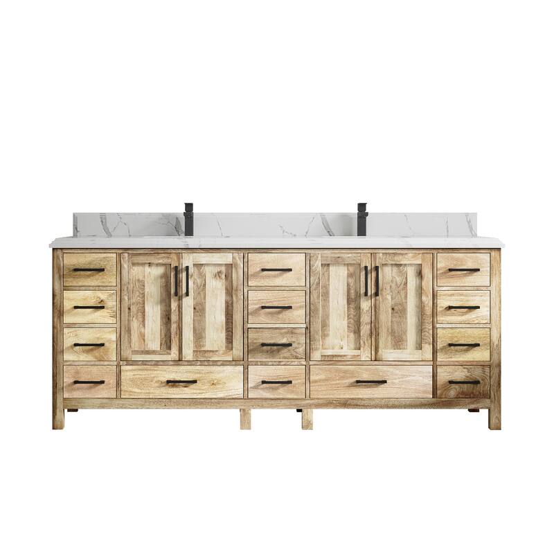Willow Collections 84 in. W x 22 in. D Malibu Mango Double Sink Bathroom Vanity with Countertop - 1.5" Calacatta Laza - White Washed 