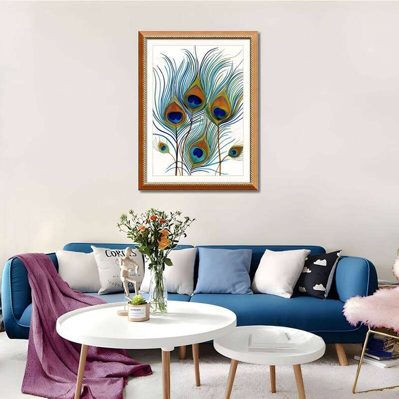 Set of 2 Peacock Feather Framed Wall Art - Replaceable Canvas Prints with Solid Wood Picture Frames, Elegant Botanical