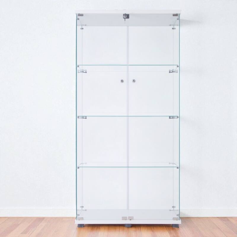 LED Glass Display Cabinet with 4 Shelves, Two Doors and Remote-Control Color Lighting