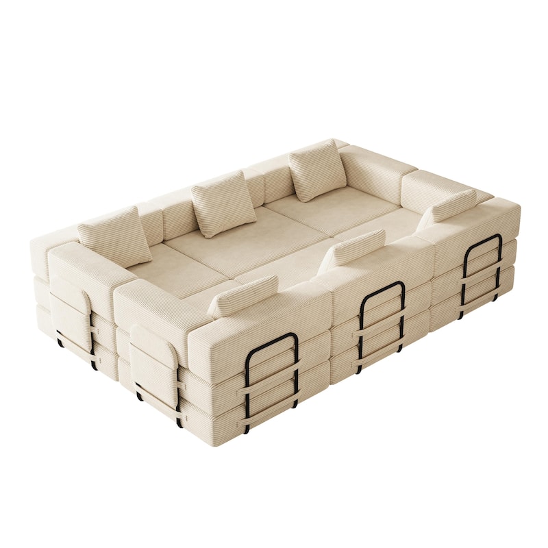 Corduroy Folding Loveseat Couch Set of 3 Convertible Sleeper Sofa Bed with Side Pockets, Modular Floor Mats with Anti-slip Pads