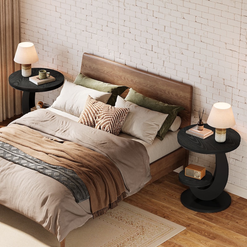 End Table with Storage Shelf, Wood Sofa Side Bedside Nightstand, Accent Snack Table for Living Room Bedroom