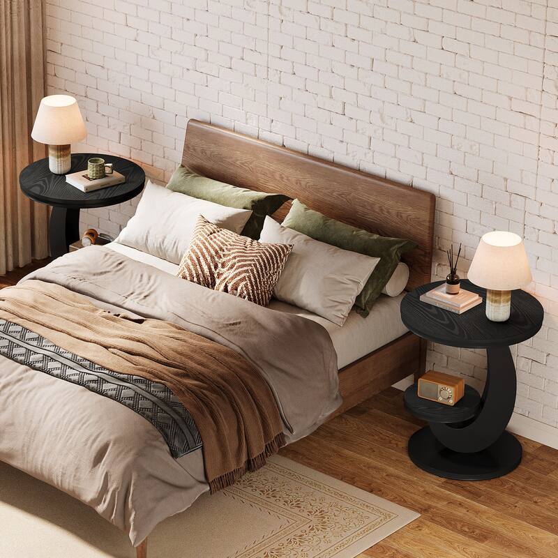 Round End Table, 2 Tiers Side Table with Storage Shelf