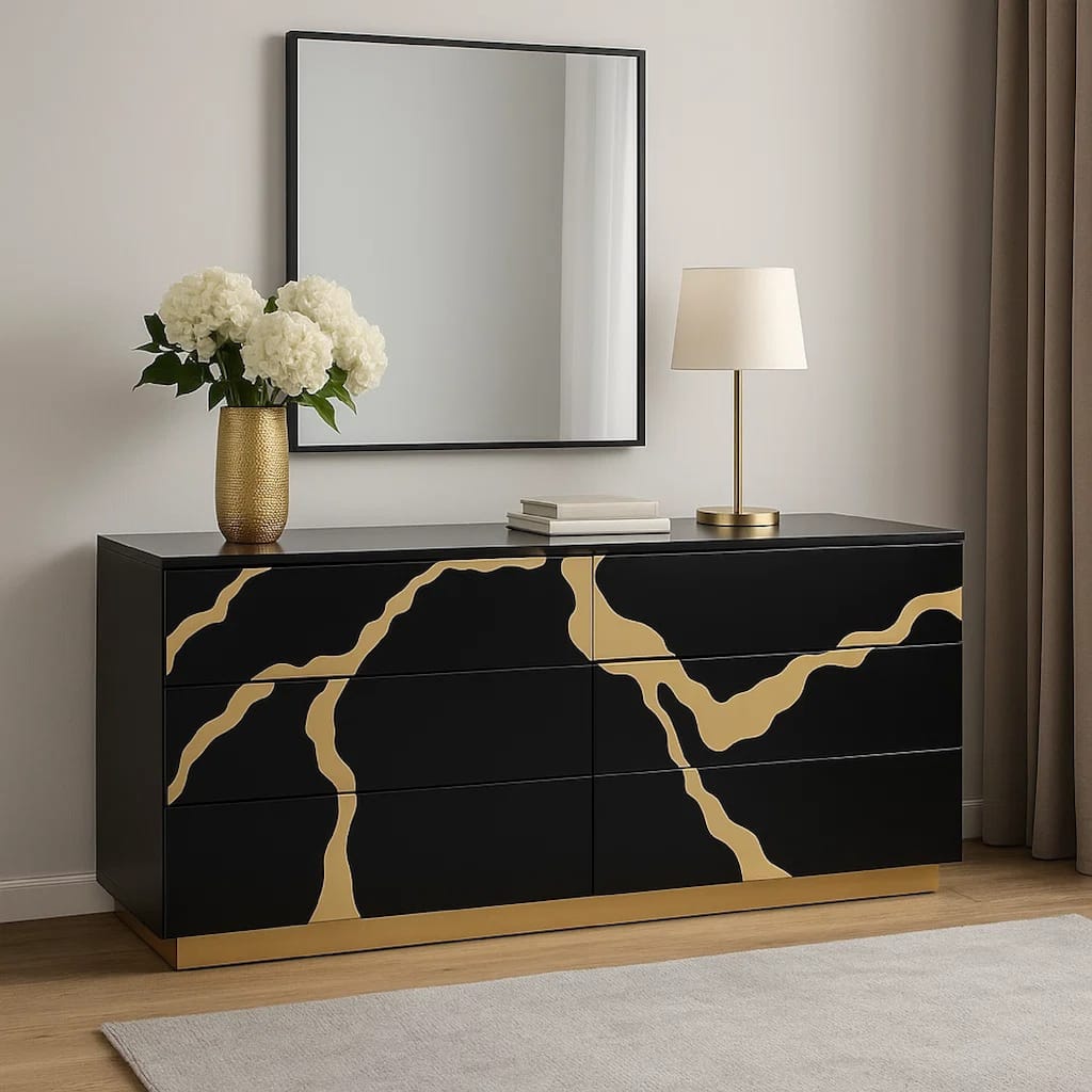 Goldie 6 Drawer Wide Dresser, Black and Gold Wood, Bedroom Storage