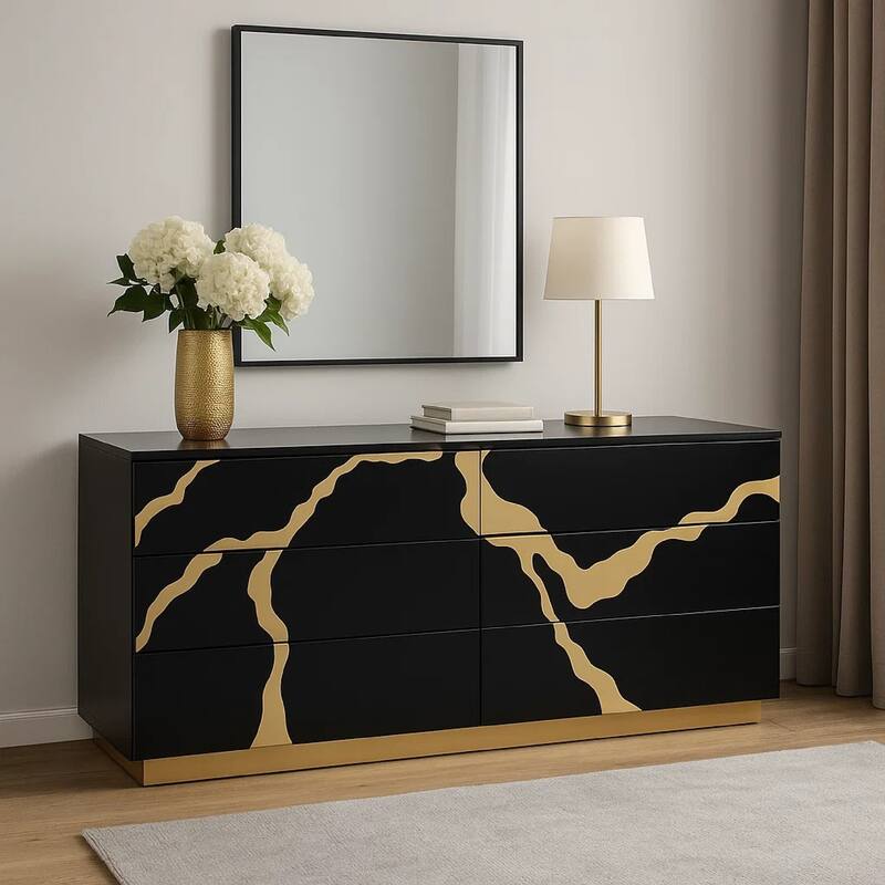 Goldie 6 Drawer Wide Dresser, Black and Gold Wood, Bedroom Storage