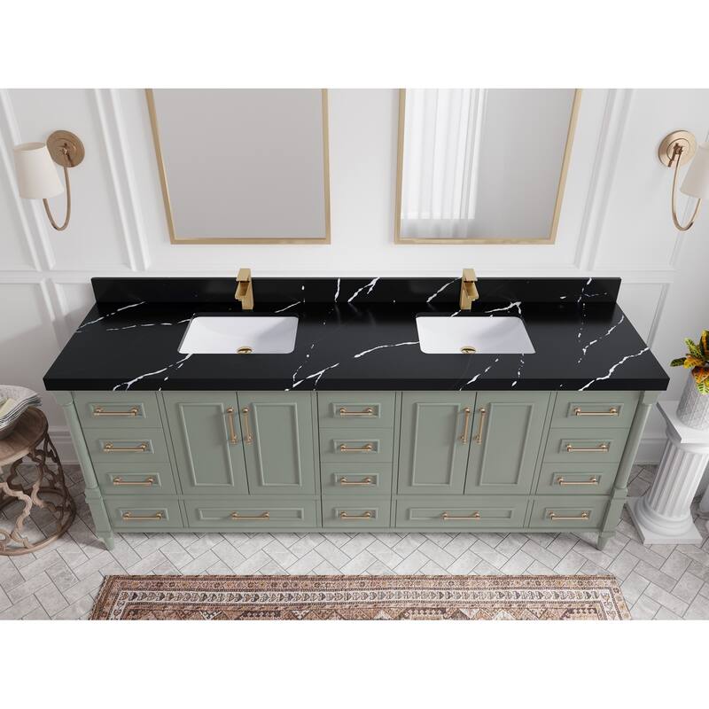 Willow Collections 84 in. W x 22 in. D Aberdeen Double Bowl Sink Bathroom Vanity with Countertop - 2" Calacatta Black - Evergreen