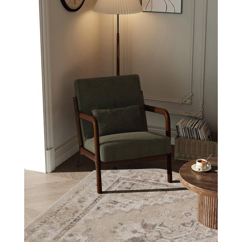 Modern Sherpa Accent Sofa Chair, Lounge Armchair with Lumbar Pillow for Living Room, Bedroom - Green