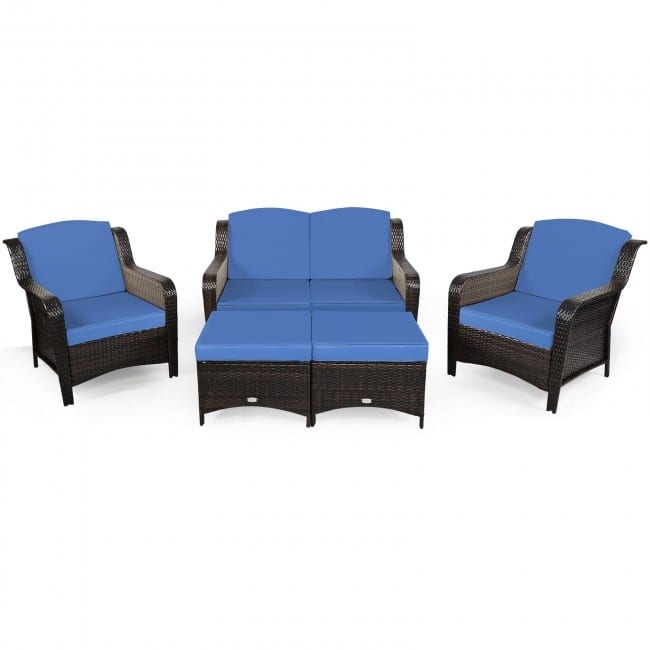 5 Pieces Patio Rattan Sofa Set with Cushion and Ottoman - 51" x 33.5" x 33" (L x W x H)