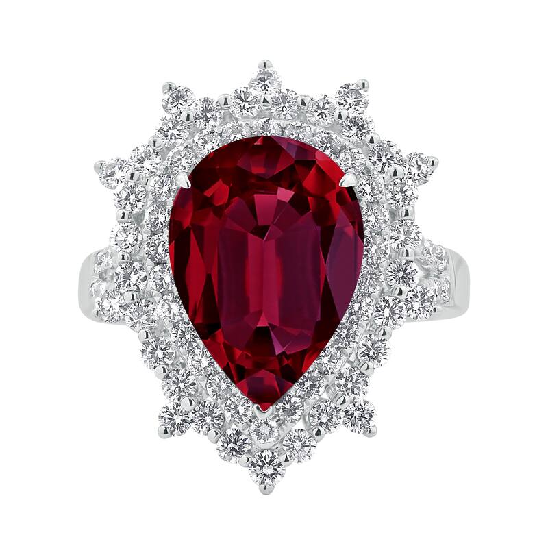 Auriya 7 1/6ct Pear-cut Red Ruby and Halo Diamond Ring 1 1/4ctw 18K Gold