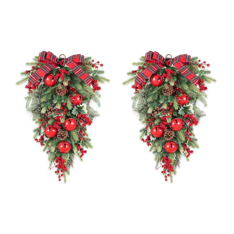Glitzhome Christmas Berry Bow Pinecone Bell Holy Leaf Teardrop Swag Xmas Wreath - 2PK-H