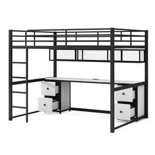 Metal Full Size Loft Bed with Desk and Storage Shelf, Full Loft Bed Frame with Drawers, Charging Station, USB and Socket