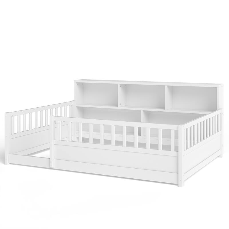 Wooden Floor Bed Frame with Fence Guardrail & Side Storage, Low Profile Kids Bed (Full/Twin)