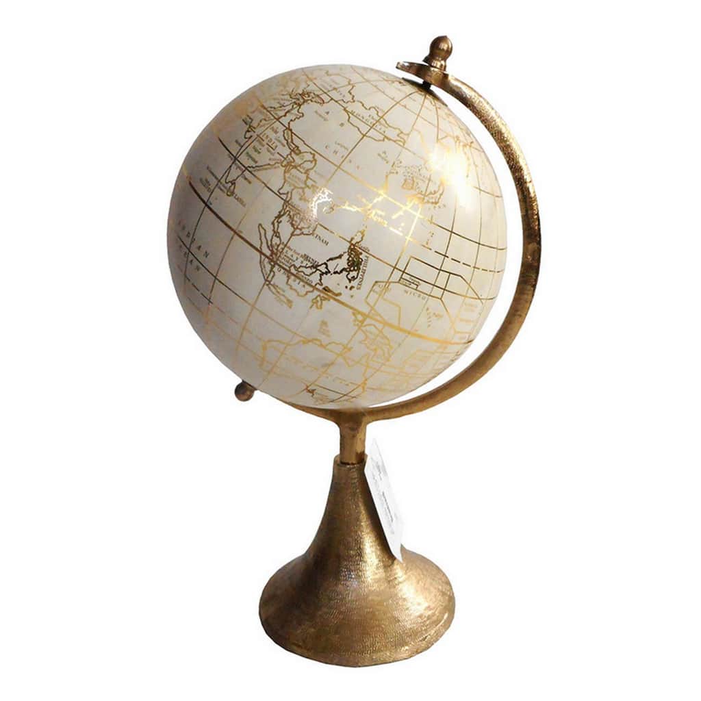 15 Inch Modern Accent Globe, Smooth Turning, White With Gold Aluminum Stand