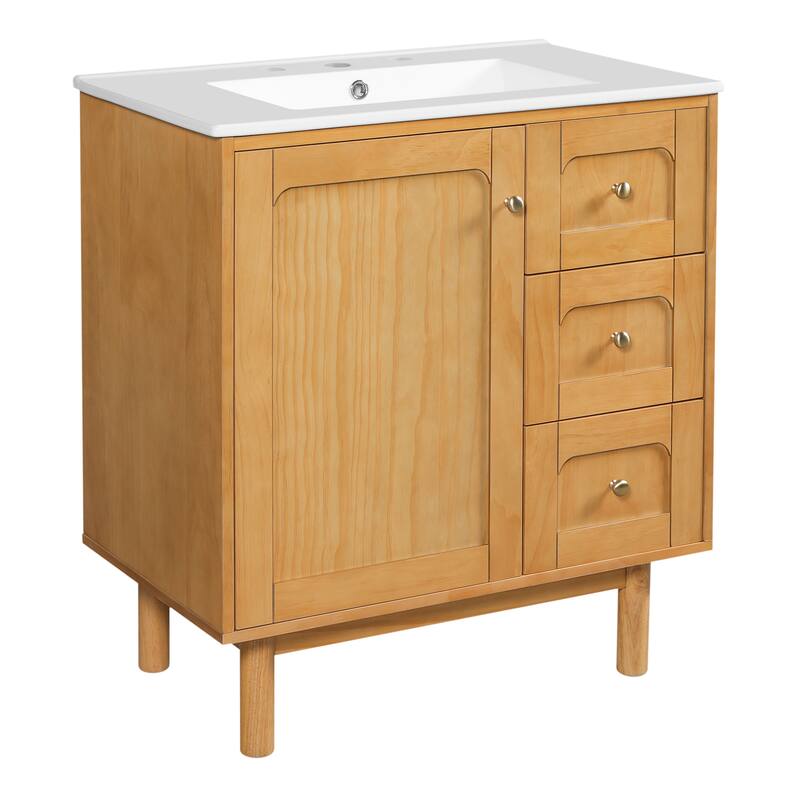 Roomfitters 30 Inch Bathroom Vanity with Ceramic Sink, Farmhouse Storage Cabinet with 3 Sliding Bins & Soft Close Door, Natural