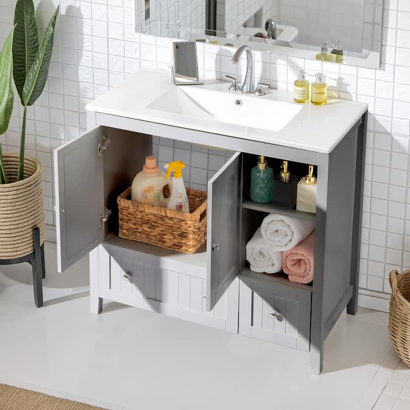 Modern Lacquered Bathroom Organizer Cabinet with Two Drawers and Dual Doors for Storage - 35.82”(H) x 18.11(W) x 32.28 (D)