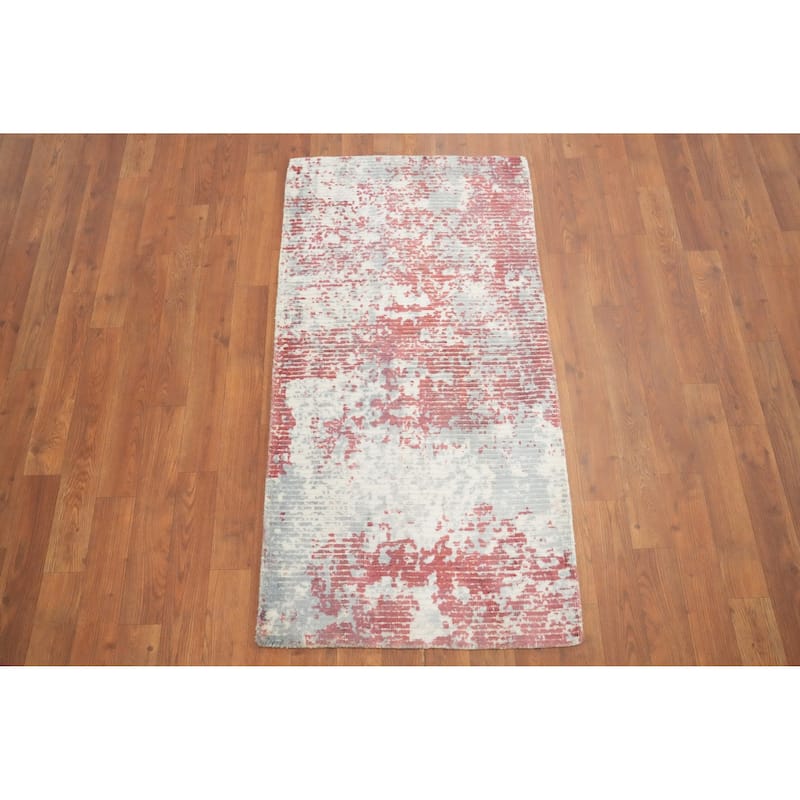 Hand Knotted Oriental Viscose Silk Carpet Modern All-Over Multi-Colored Abstract Area Rug - 4' 0'' X 2' 0''