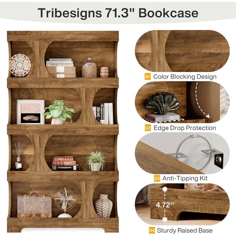 71" Tall Bookcase Wood 4-Tier Bookshelf, Modern Freestanding Display Storage Shelves