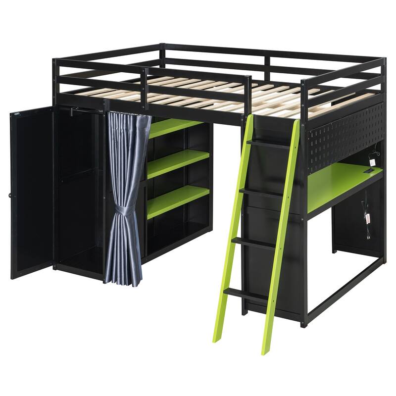 Roomfitters Full Size Loft Bed with Wardrobe, Desk, Blackout Curtains and RGB Lights