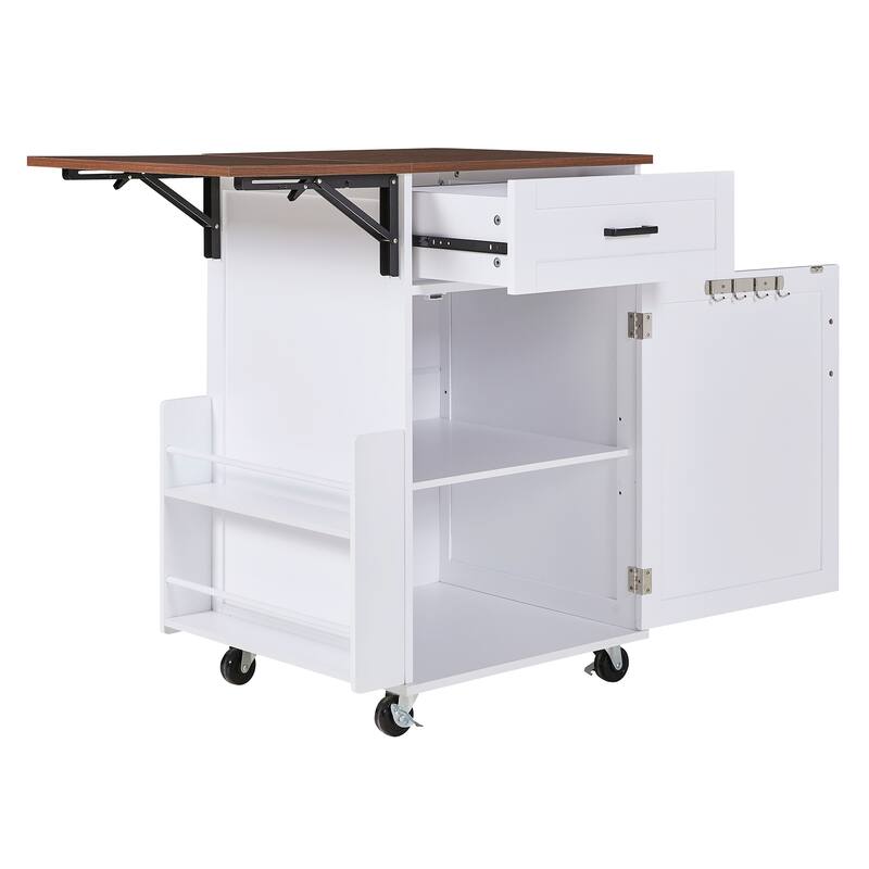 39.3" Kitchen Island with Drop Leaf, Kitchen Storage Island with Open Side Rack, One Drawer, Towel Rack, with Lockable Wheels