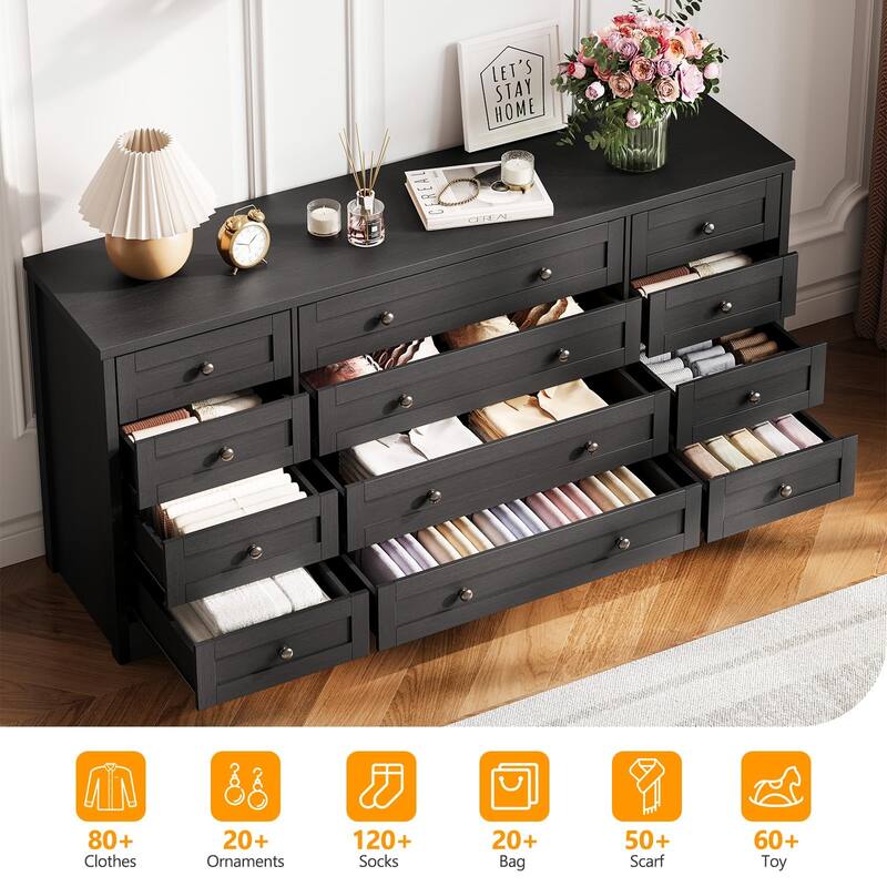 12 Drawer Dresser for Bedroom, Modern Wood Chest with Wide Top for 65" TV, Farmhouse Storage Cabinet