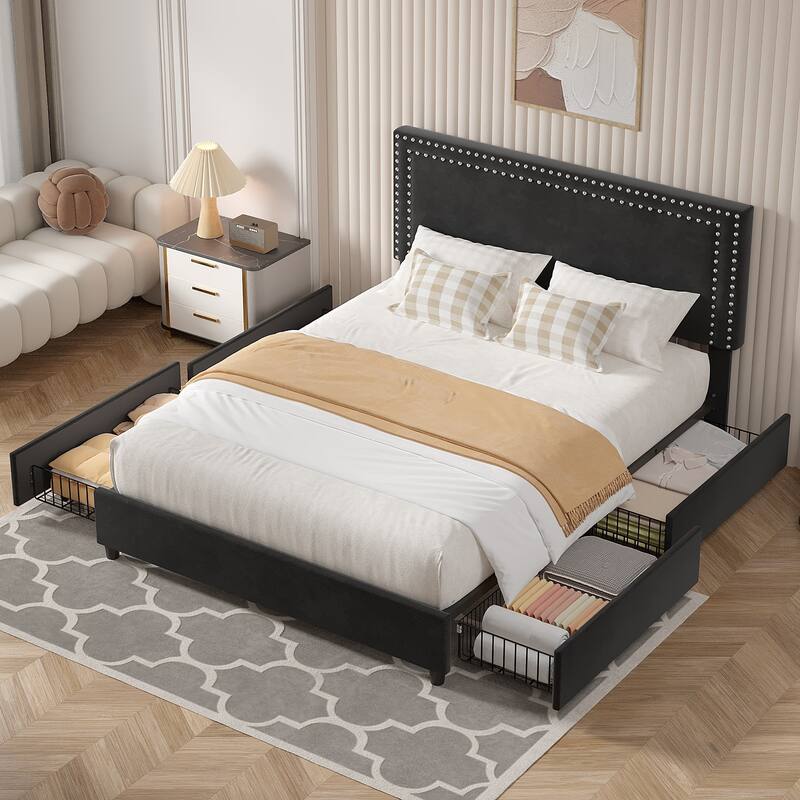 Modern Upholstered Bed Frame with 4 Storage Drawers, Platform Fabric Bed with Button Tufted Headboard