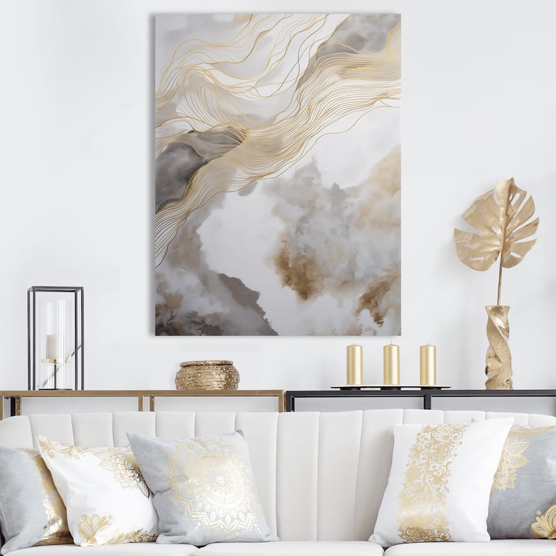 Designart "Gold And Grey Abstracted Line Artistry V" Minimalism Line Art Wall Art Prints