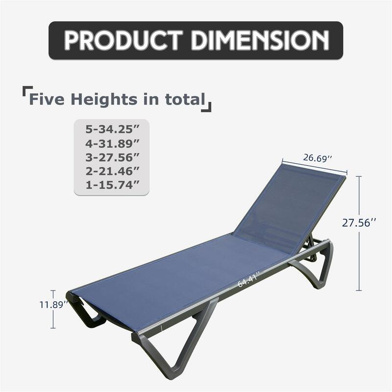 Modern Outdoor Chaise Lounge Set of 2 All Weather Reclining Chair with Wheels and Adjustable Backrest for Beach Yard Pool