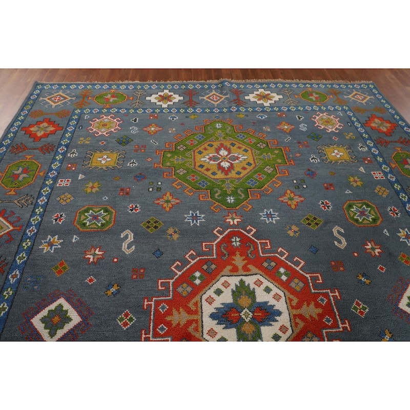 Blue Geometric Kazak Oriental Area Rug Hand-Knotted Wool Carpet - 9'3" x 11'7"