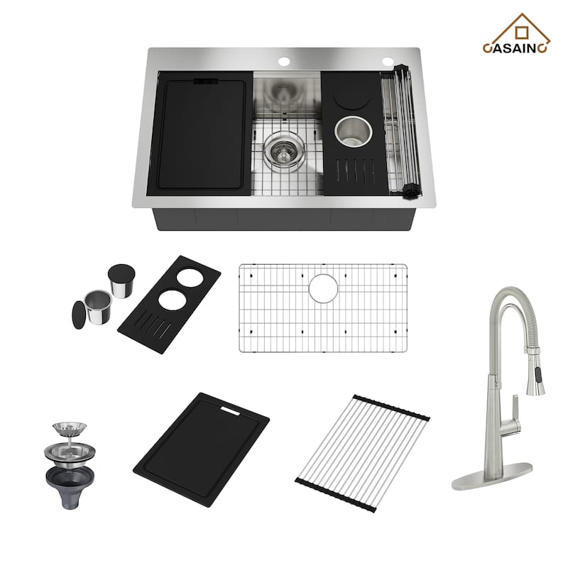 Handmade All-in-One Drop-In 2-hole Single Bowl Stainless Steel Workstation Kitchen Sink with Spring Neck Faucet and Accessories - Brushed Kitchen Sink+Brushed Nickel Kitchen Faucet