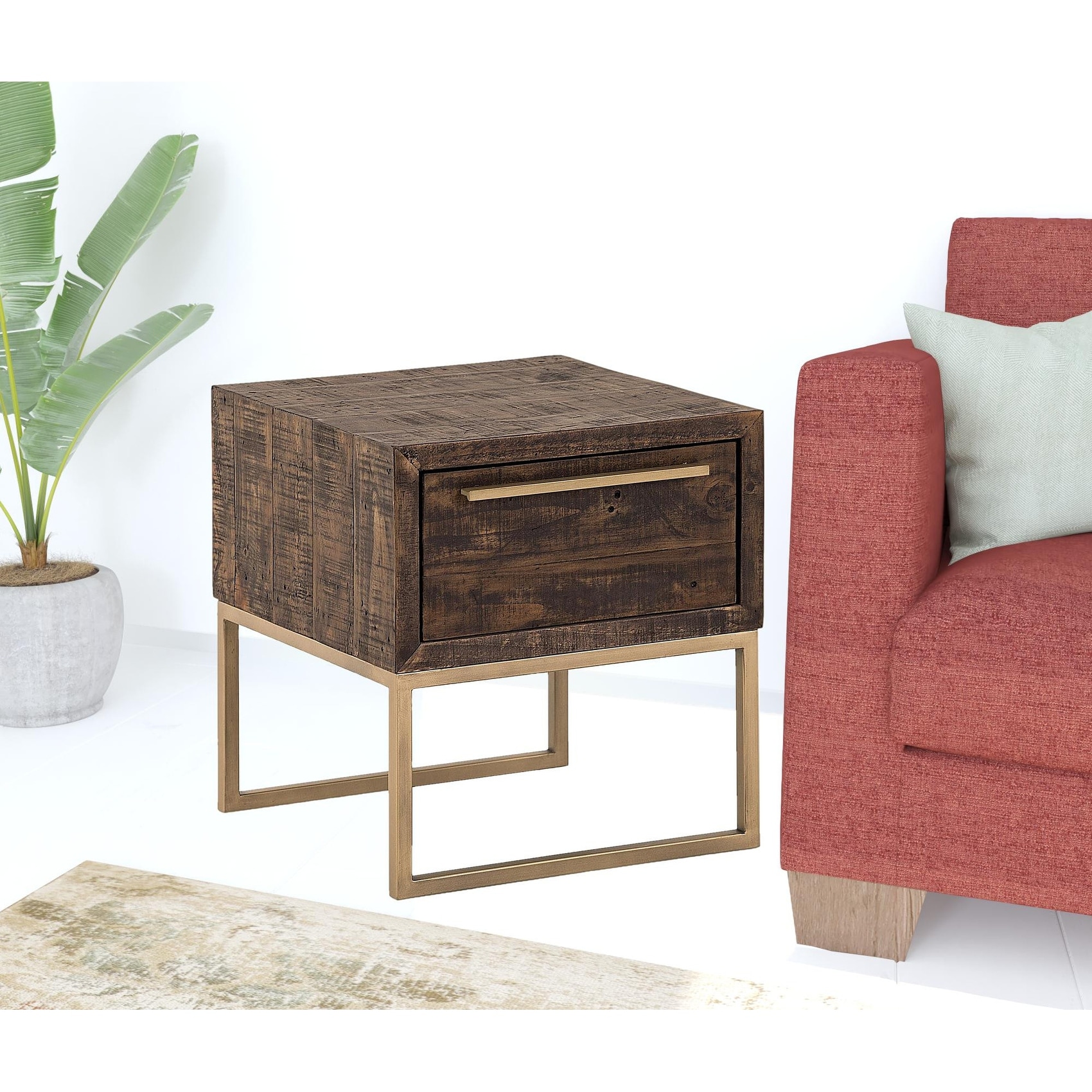 HomeRoots 18" Antiqued Brass And Brown Reclaimed Wood End Table With Drawer - 18' X '20' X '18